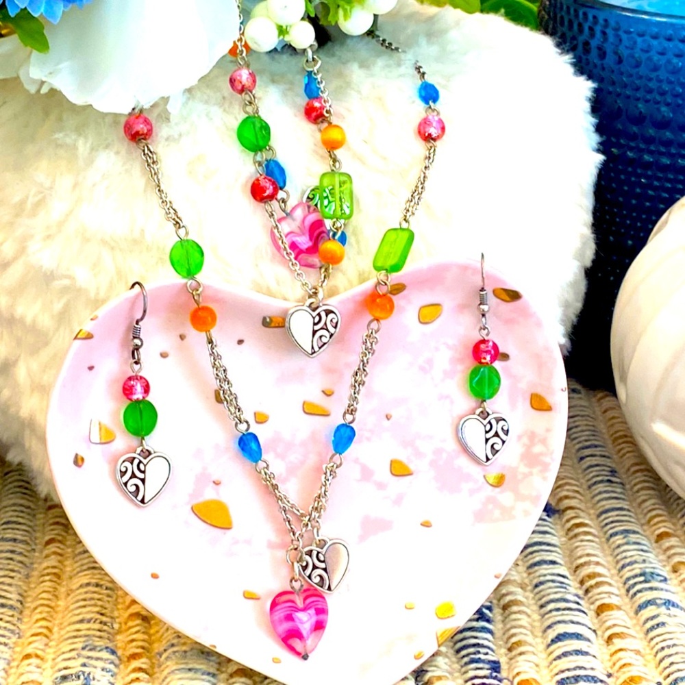 Brighton DECO BRIGHT Multicolor glass hearts crystal Necklace Bracelet Earrings
